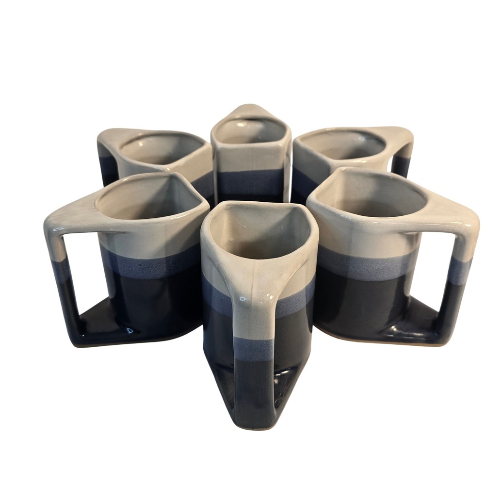 Vintage Modernist Nesting Geometric Ceramic Mugs Set of 6 Blue Grey Cream